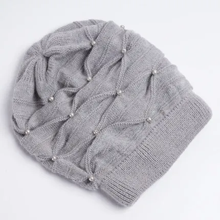 FS, женские зимние шапки, вязанная шерстяная шапка с кроличьими косичками, s с искусственным жемчугом, женские шапки Skullies Beanies,, шапка с шарфом, теплая - Цвет: Gray cap only