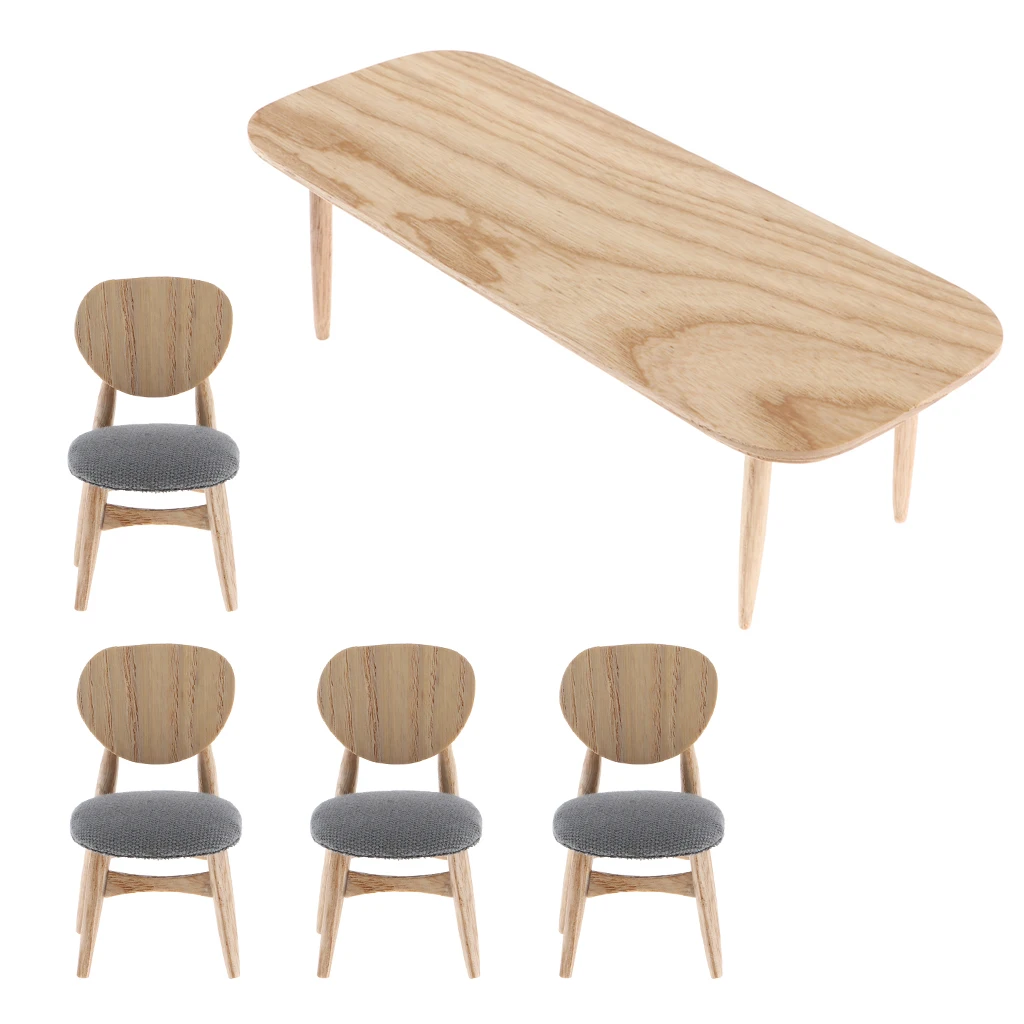 1/12 Scale Dollhouse Miniature Furniture, Wooden Rectangular Coffee Tea Table + 4pcs Chairs