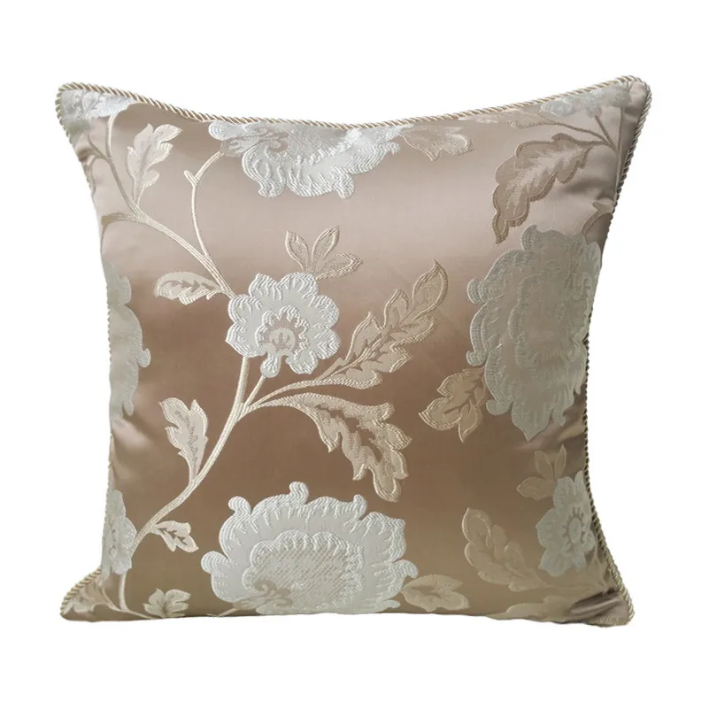 

Light Brown Rope Pipping Big White flower Jacquard Woven Sofa Armchair Cushion Case Home Decorative Square Pillow Cover 45x 45cm