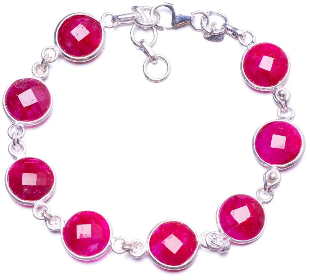 

Natural Cherry Ruby Handmade Unique 925 Sterling Silver Bracelet 7-7 3/4" Y1310