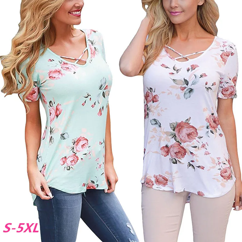 

Summer 2019 New Casual Fashion Women T-shirts V-Neck Printed Loose Large Size Plus Size T Shirt Women Female Clothing Tops