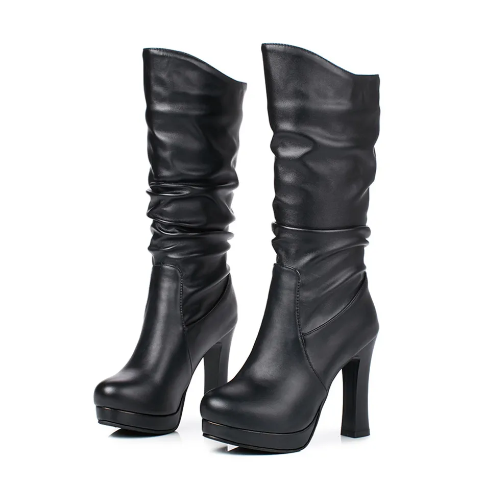 Odetina/модные женские сапоги до середины икры на высоком каблуке; плиссированные полусапожки со складками; осенне-зимняя обувь на платформе размера плюс