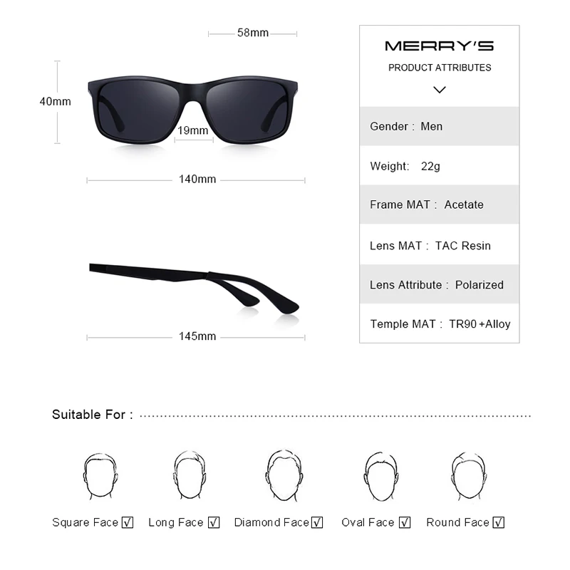 MERRYS дизайнерские мужские классические поляризационные солнцезащитные очки TR90, уличные спортивные ультра-светильник серии с защитой от ультрафиолета S8161
