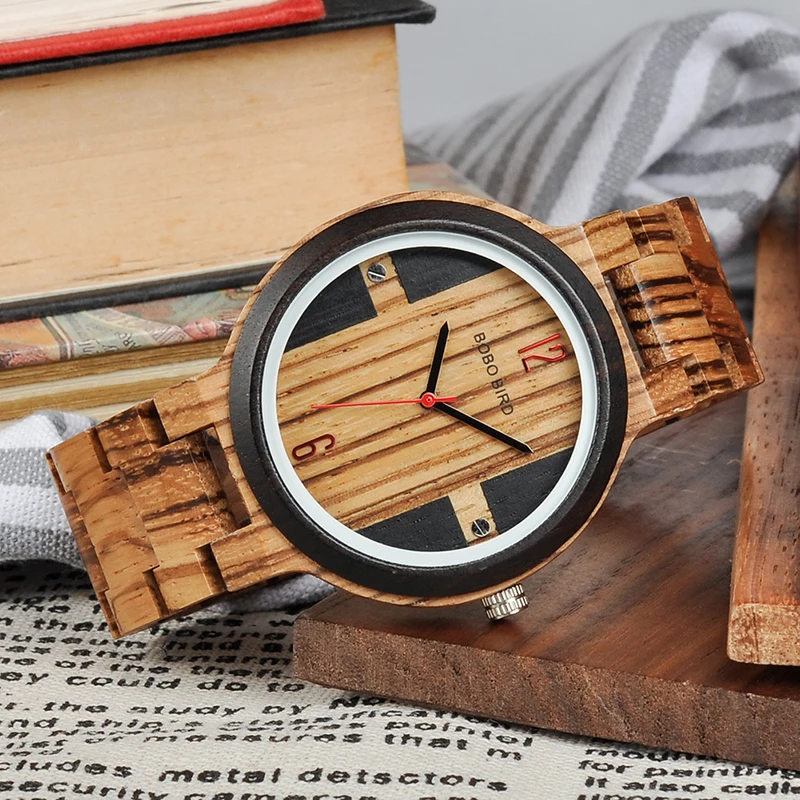 BOBO BIRD Men Wooden Watch Quartz New Arrivals WristWatch for Male Zebra Ebony Wood in Gift Gox saat erkek clock