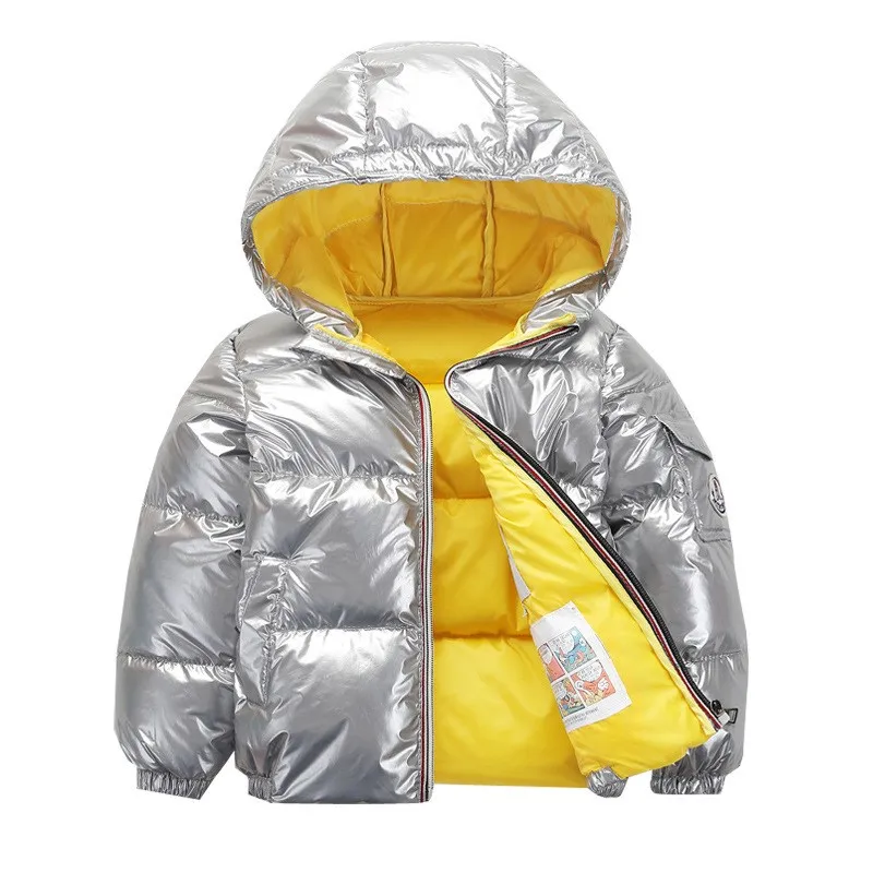 

Fashion Baby Winter Coat Boy Down Jackets Autumn Bright Silver Red Color Kids Hooded Coat 2 3 4 5 6 years Winter jacket baby