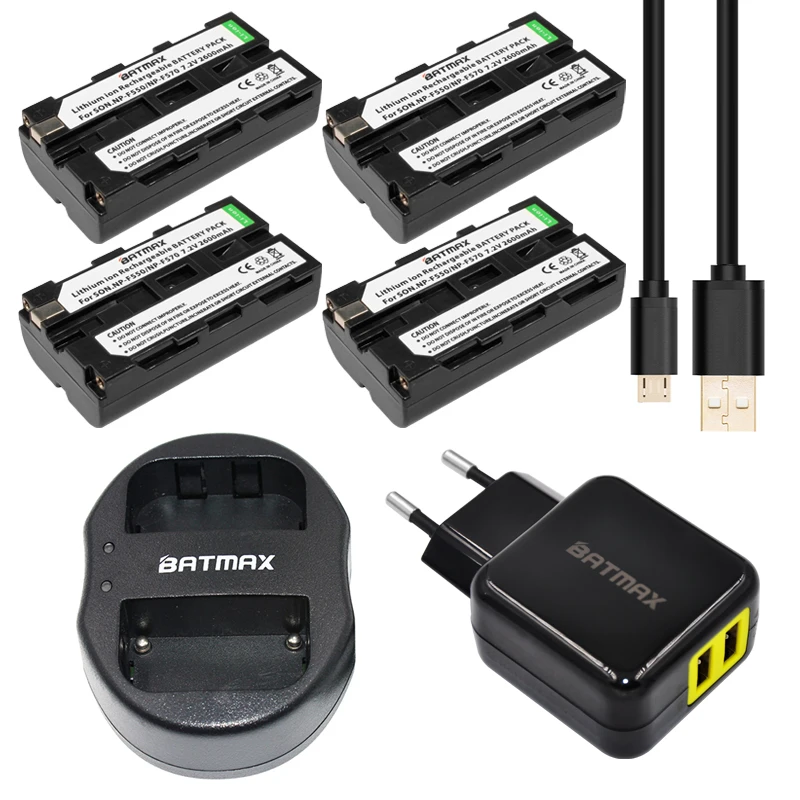 

Batmax 4pcs NP-F550 NP F550 NPF550 Li-ion Batteries+USB Dual Charger for Sony NP-F570 F530 CCD-SC55 CCD-TRV81 + EU/US AC Adapter