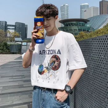 

2019 Spring New Men's Japanese Solid Color Loose Printed Cotton Student Round Neck Short-sleeved Casual T-shirt