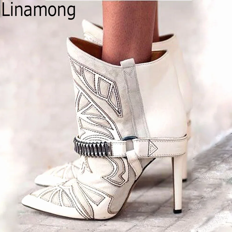 

Hot Embroidery Patchwork Suede Leather Pointed Toe Ankle Boots Metal Belt Buckled Stilettos Lady Short Boots High Heels Boots