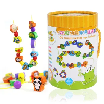 

Cartoon Fruit Animal Stringing Threading Wooden Beads Toy Color Cognitive Educational Game For Children Kids Baby Gift