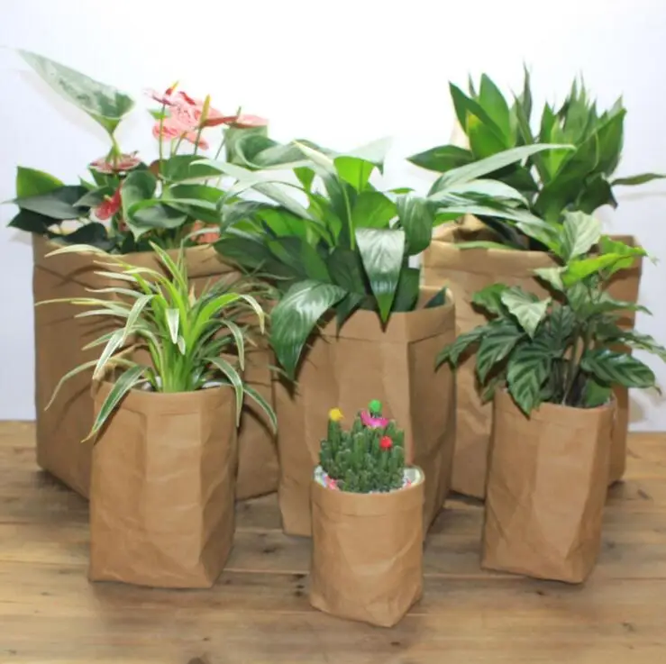 

3pcs Washable Kraft Paper Bag Large Storage Bag For Plant Vegetable Grow Flower Pot Bag Basket Cover Baby Clothes Toy Organizer