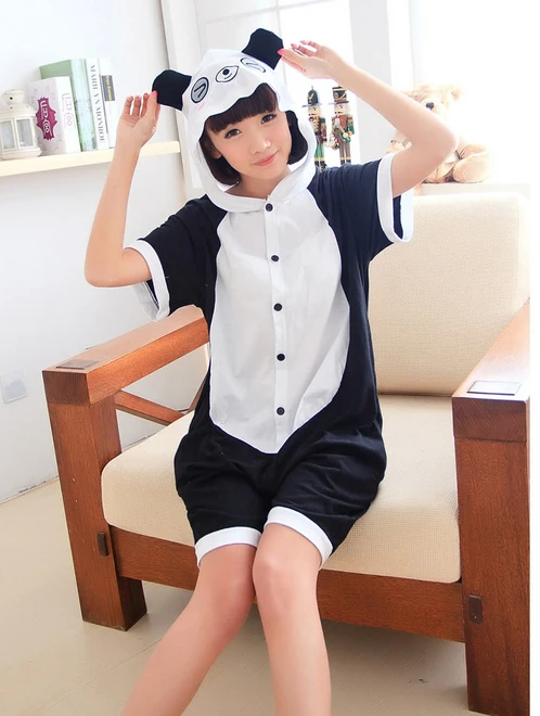 

100% Cotton Cute Animal Panda Summer Cosplay Couple Pajamas Adult Women Men Onesie with Hood Ears Sleepwear Party Costumes XL