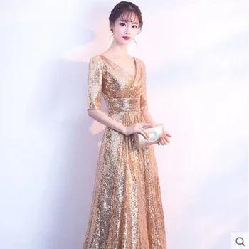 

2019 Lace Slim Long Sweet Princess Sleeve Banquet Evening V-neck Formal Dress