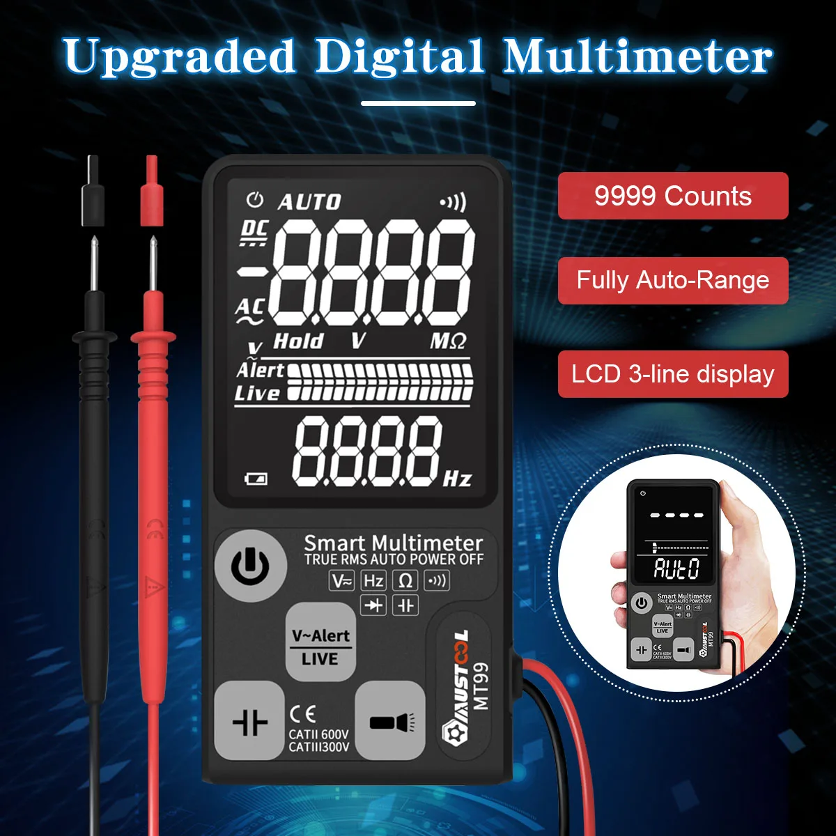 

Upgraded MT99 True RMS 9999 Counts MUSTOOL Digital Multimeter Ultra-large EBTN LCD 3-Line Display Fully Auto-Range Smart DMM