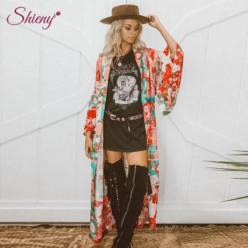 

Shieny Plus Size Floral Print Chiffon Beach Cover Up Long Sleeve Waist Belt Lace Up Loose Long Bikini Set Swimming Suit Cover Up