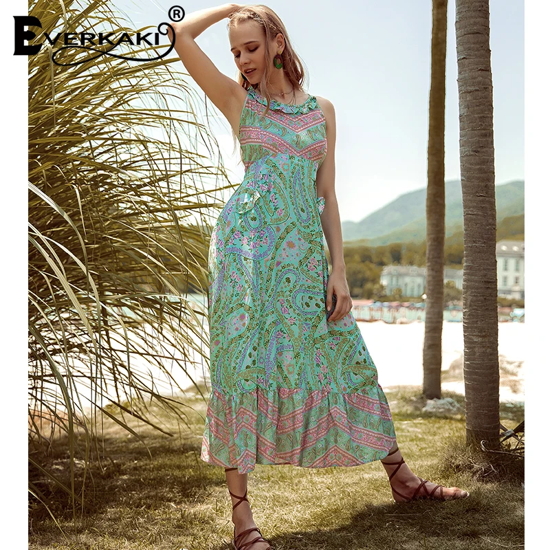 Everkaki Paisley Floral Boho Midi Kleid Lace Up Backless Strand Lange Sommer Kleid Spaghetti Böhmischen Party Kleid 2019 Kaufen