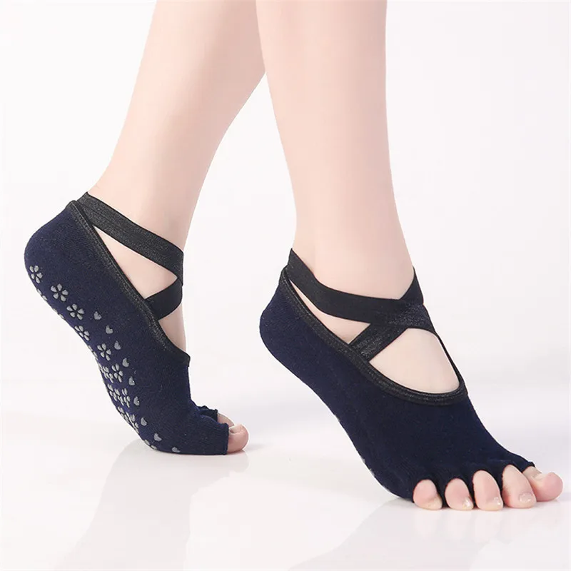 1 Pair Women Anti Slip Sports Yoga Socks with Grips Five Finger Toeless X Bandage Slippers Sock for Gym Fitness Pilates Ballet