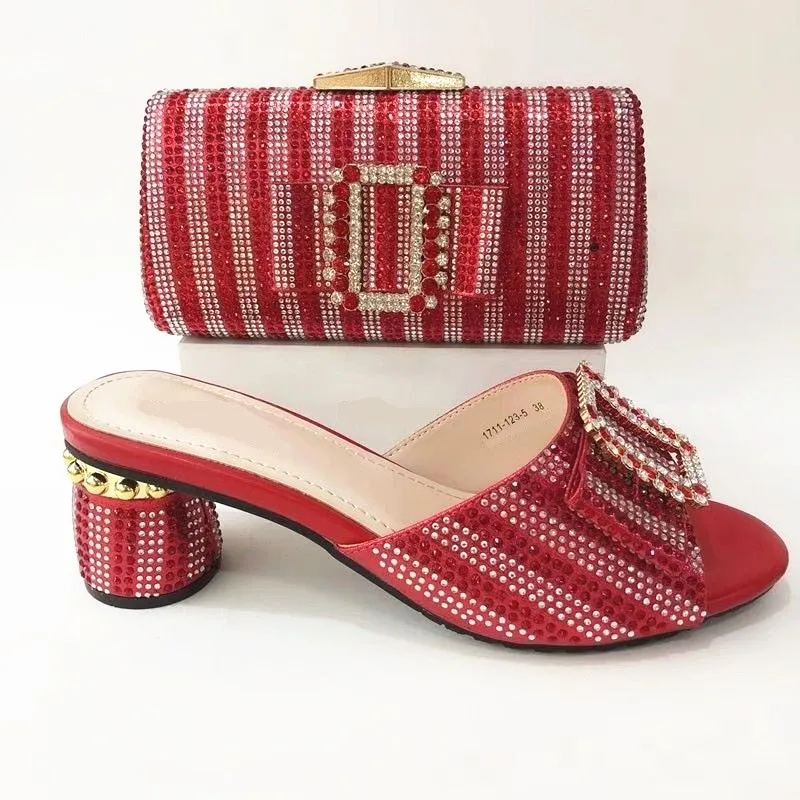 

Gorgeous red women pumps and bag set with rhinestone and crystal african shoes match handbag for dress A1027,heel 5CM