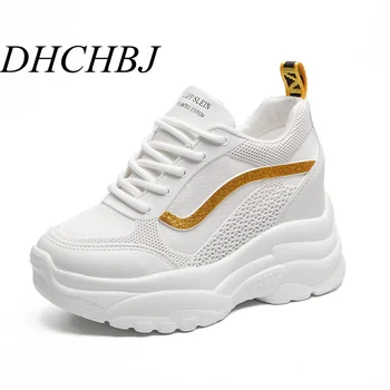 

Women Sneakers PU Leather Casual Platform Trainers White Shoes 9 CM Heels Autumn Wedges Breathable Woman Height Increasing Shoes