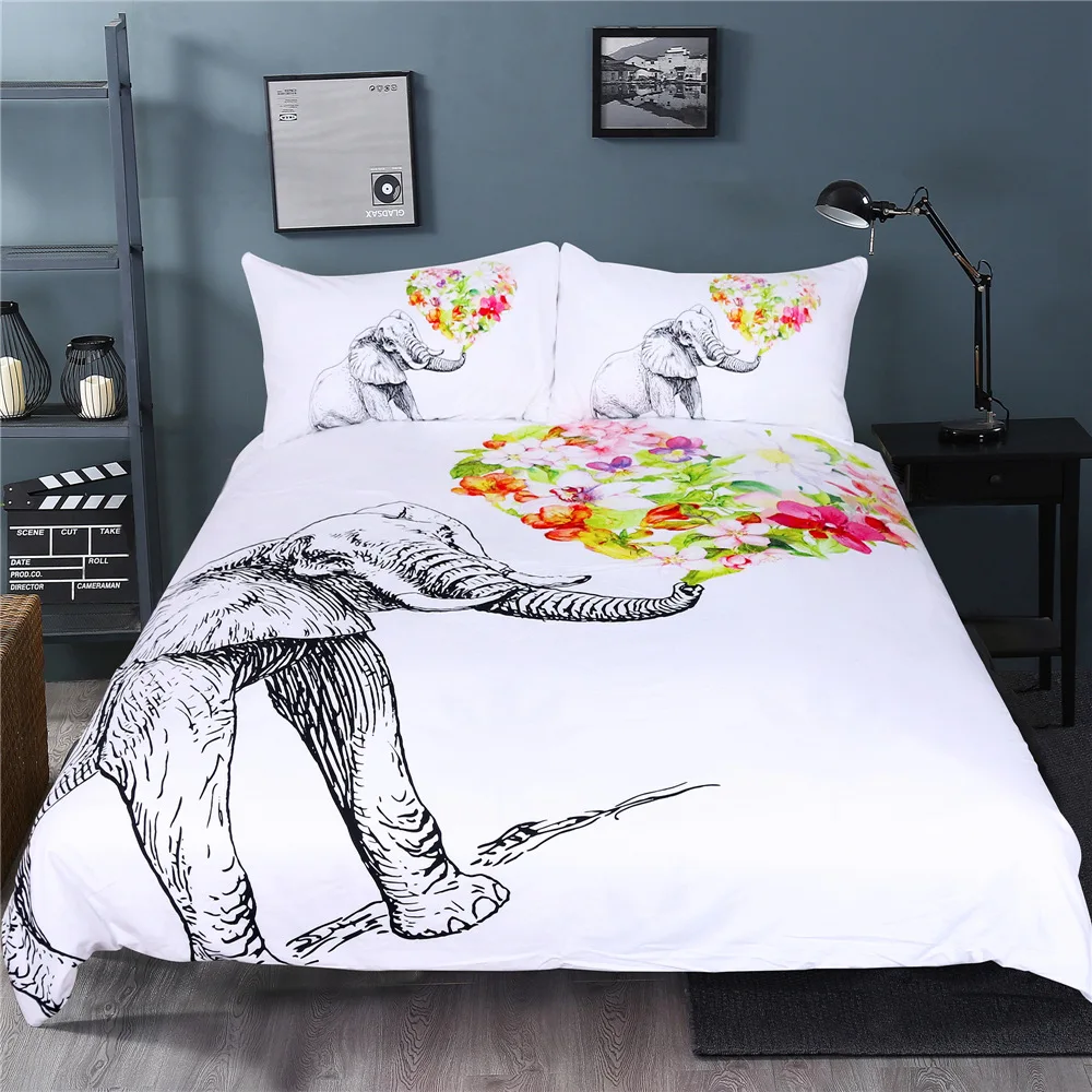 CAMMITEVER Bedding Set Elephant with Flower Duvet Cover Floral 3-Piece Bedspreads Queen For Adult Kids Horse Bedclothes | Дом и сад