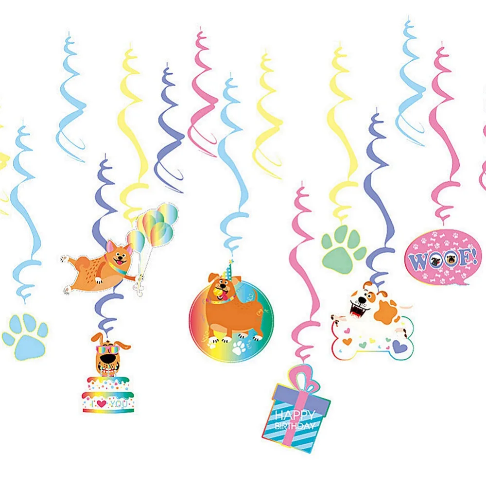 

16pcs Puppy Themed Birthday Party Swirls Hanging Decoration Happy Birthday Ceiling Dangling Whirls Dog Woof Pups Pet Pawty Kids