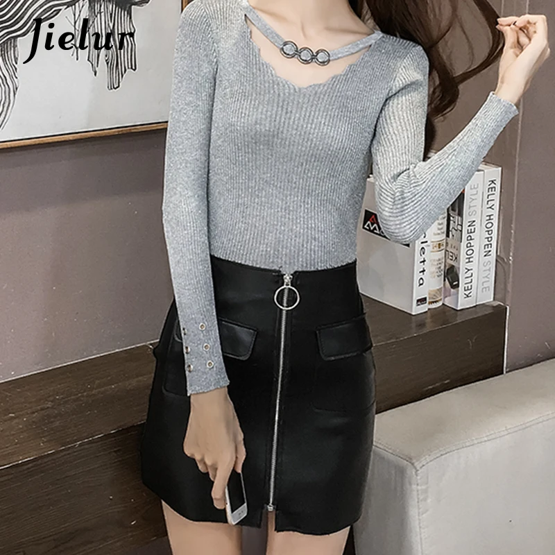 Jielur Autumn V-neck Buckles Hollow Lady's Sweater Long Sleeve OL Shine Knitted Sweater for Women Slim Basic Top Female Jielur Autumn V-neck Buckles Hollow Lady's Sweater Long Sleeve OL Shine Knitted Sweater for Women Slim Basic Top Female