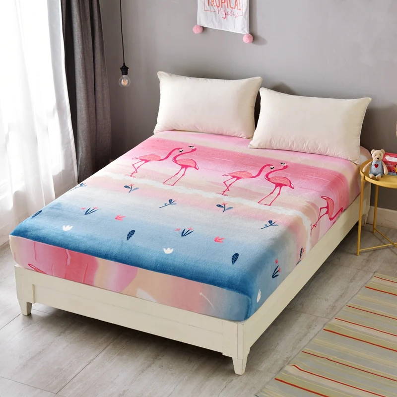 Flannel-Fleece-Fitted-Sheet-Pink-Flamingo-Print-Bed-Sheet-with-Elastic-Band-Winter-Warm-Single-Double-Mattress-Cover-Protector