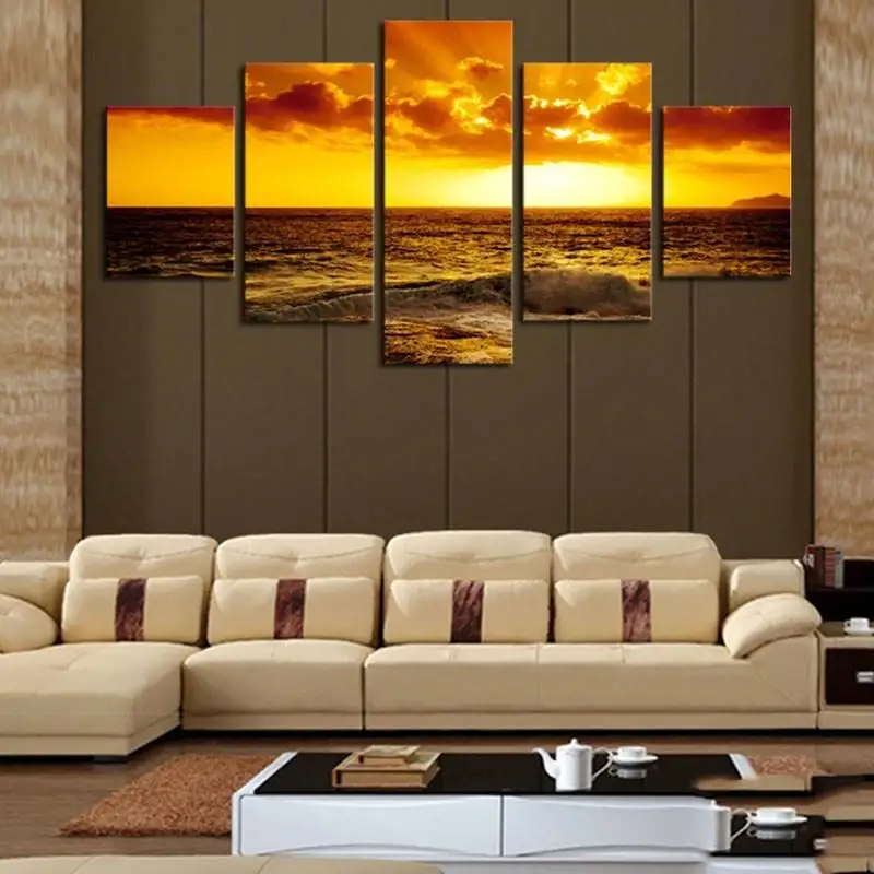 Frame Boat Modular Picture Seascape Sunset 5 Pieces Canvas Art 