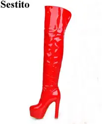 Модные черные и красные высокие сапоги с перекрестной шнуровкой и круглым носком, женские ботфорты на толстом каблуке, повседневная