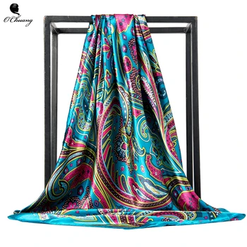 

O CHUANG Fashion Women Scarf Luxury Brand foulard Satin Scarfs Big Size Hair Square Scarves For ladies headband 90*90cm