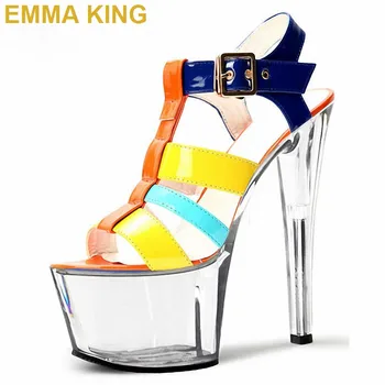 

EMMA KING T-bar Strap Colorful Patent Leather High Heels Gladiator Sandals Sexy 7cm Platform Pumps Sexy Part Shoes Women Sandals
