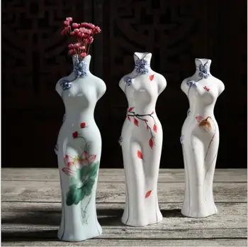

10 Colors Vintage Cheongsam Ceramic Vase Retro Tabletop Home Decoration Ethnic Handicrafts Vase Wedding Gift Business Gifts