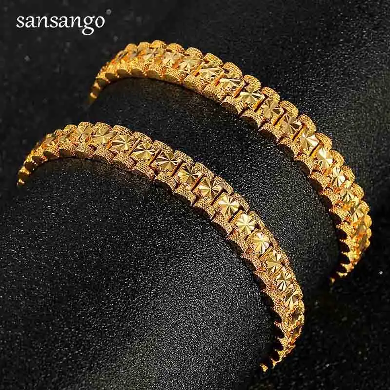 New Arrival Hip Hop 24K Golden Curb Link Chain Bracelet Male Jewelry For Men Women Luxury Bangle Party Gift Wholesale 18cm