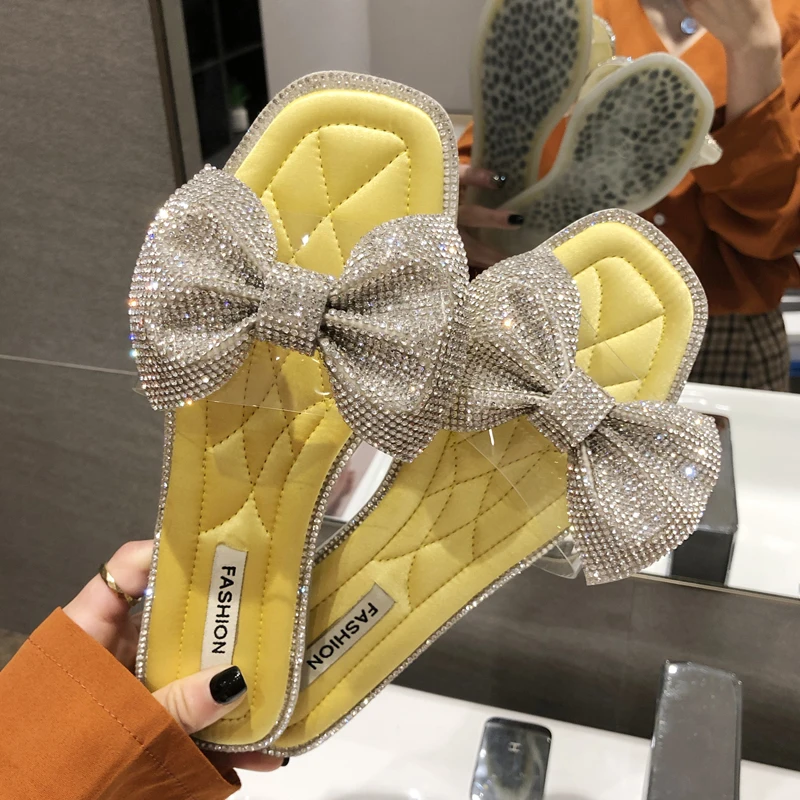 

New Women Casual Summer Flat Slippers Rhinestone Bow Sandals Flip Flops Female Shoes Cute Girls Woman Footwear Beach Slides