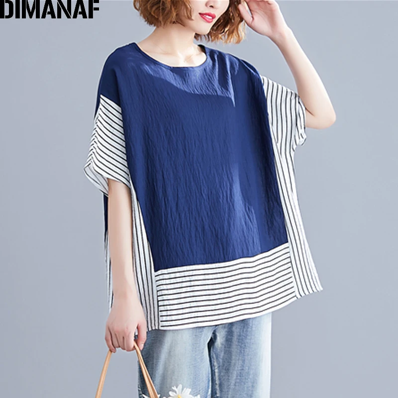 

DIMANAF Summer T-Shirt Women Plus Size Cotton Linen Loose Print Striped Patchwork Casual Female Basic Tops Tees Big Size 2019