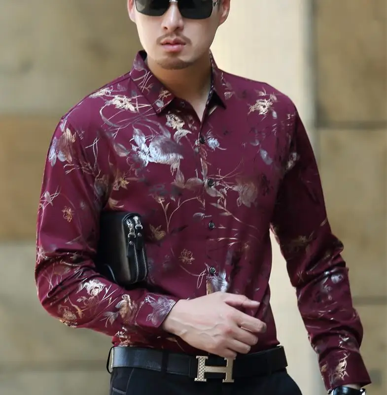 Men's Luxury Long Sleeve Dress Shirt Men Fashion Burgundy Red Floral ...