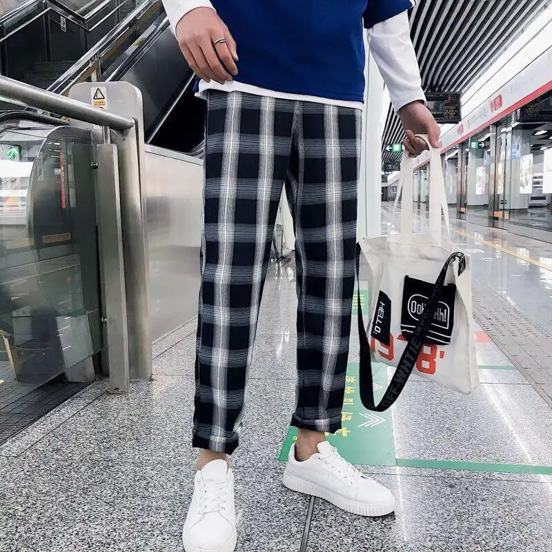 Повседневные клетчатые брюки длиной до щиколотки, мужские брюки в стиле хип-хоп, штаны для бега, мужские спортивные штаны, модная Японская уличная одежда, мужские штаны