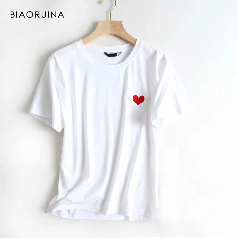 

BIAORUINA Women White Cotton T-shirt Short Sleeve O-neck Female Love Embroidery Casual T-shirt Tees Women's Summer Tops T-shirts