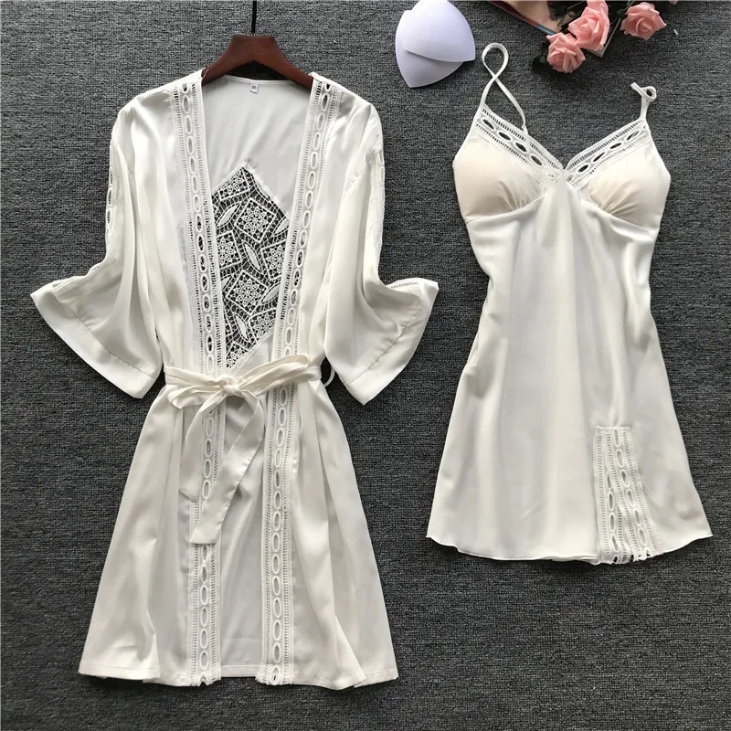 Женский халат и платье, наборы, сексуальные кружевные пижамы для сна, пижама с длинным рукавом, Дамская одежда для сна, халат, ночное платье с накладками на груди - Цвет: Белый