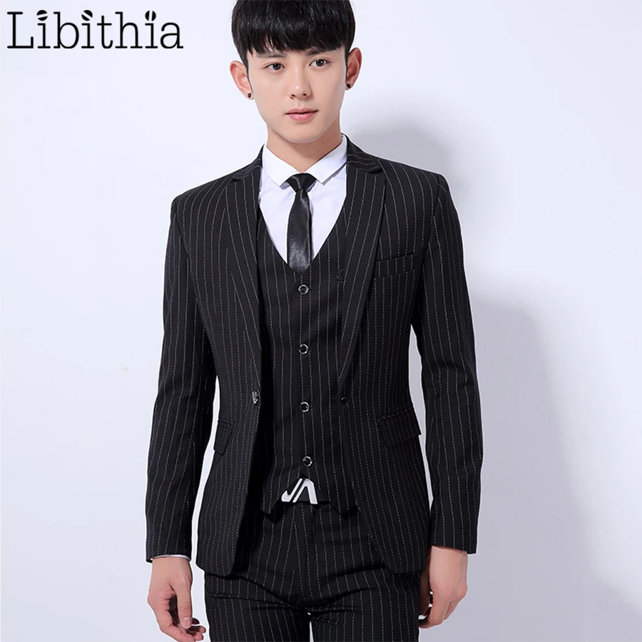 Libithia комплект из 3 предметов (куртка + брюки + жилет) для мужчин Повседневное полосатый Костюмы одна кнопка M-3XL одежда цвет: черный, синий