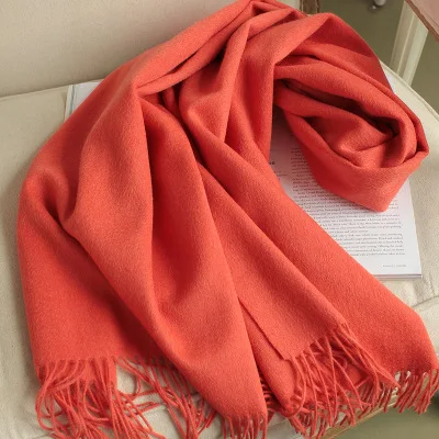 Роскошный зимний шарф из шерсти, женский шарф-одеяло, шали, плотные теплые шарфы, шерстяной шарф из пашмины с кисточками, большой размер, однотонный шарф - Цвет: Coral