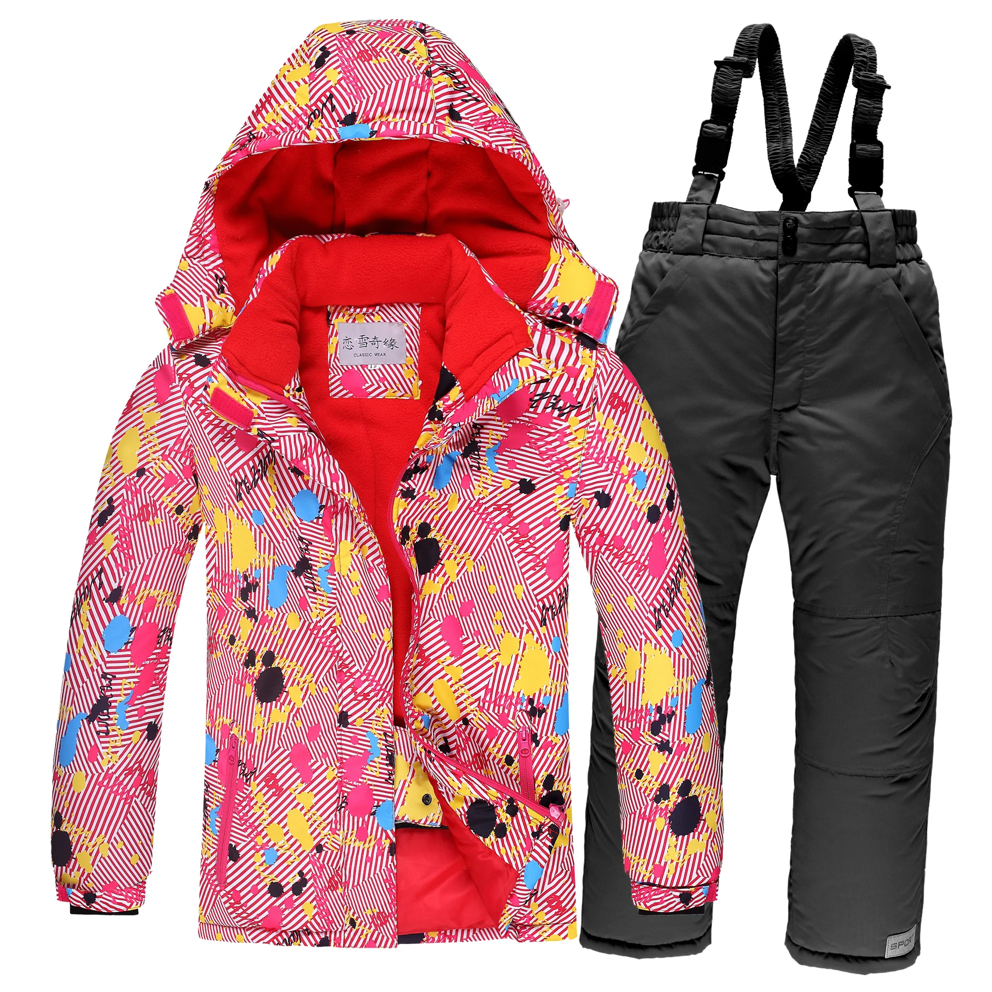 OLEKID Детский зимний лыжный костюм теплая ветронепроницаемая куртка для девочек+ комбинезон комплекты одежды для мальчиков 3-16 лет зимний костюм для детей - Цвет: as picture