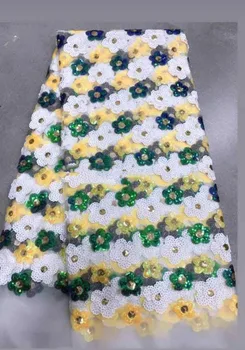 

Green Yellow White African Lace Fabric With Sequins beads 2019 Latest Fabric High Quality Velvet Tulle Sequins Lace Fabric Dress