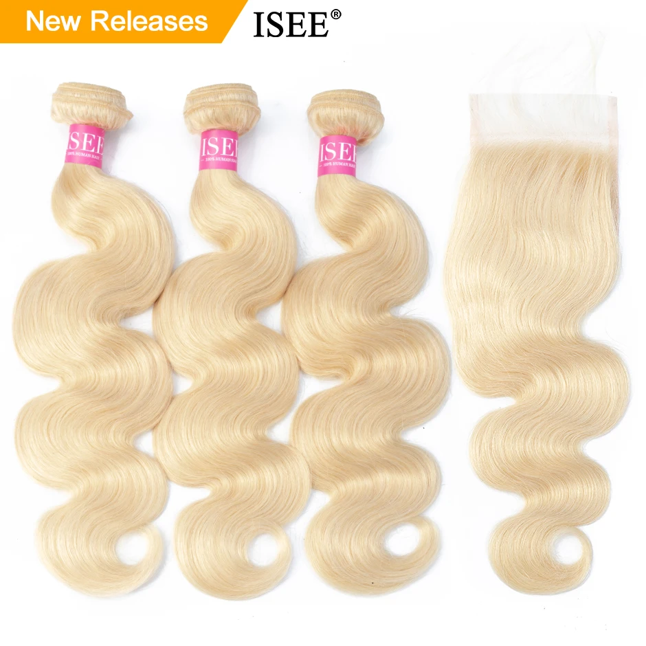 

ISEE HAIR Body Wave 613 Bundles With Closure Brazilian Hair Weave Bundles Virgin Human Hair Blonde Bundles With Closure