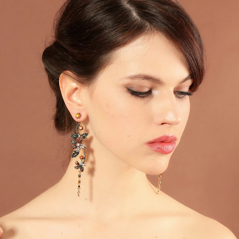 Multicolor Bohemian Long Crystal Flower Earrings Retro Asymmetric