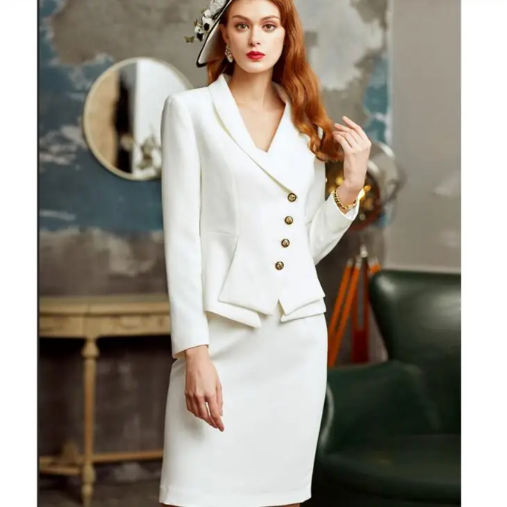 Женское платье, элегантная Офисная Женская однобортный Блейзер, облегающее роскошное деловое Деловое платье, 2 предмета, униформа - Цвет: Белый