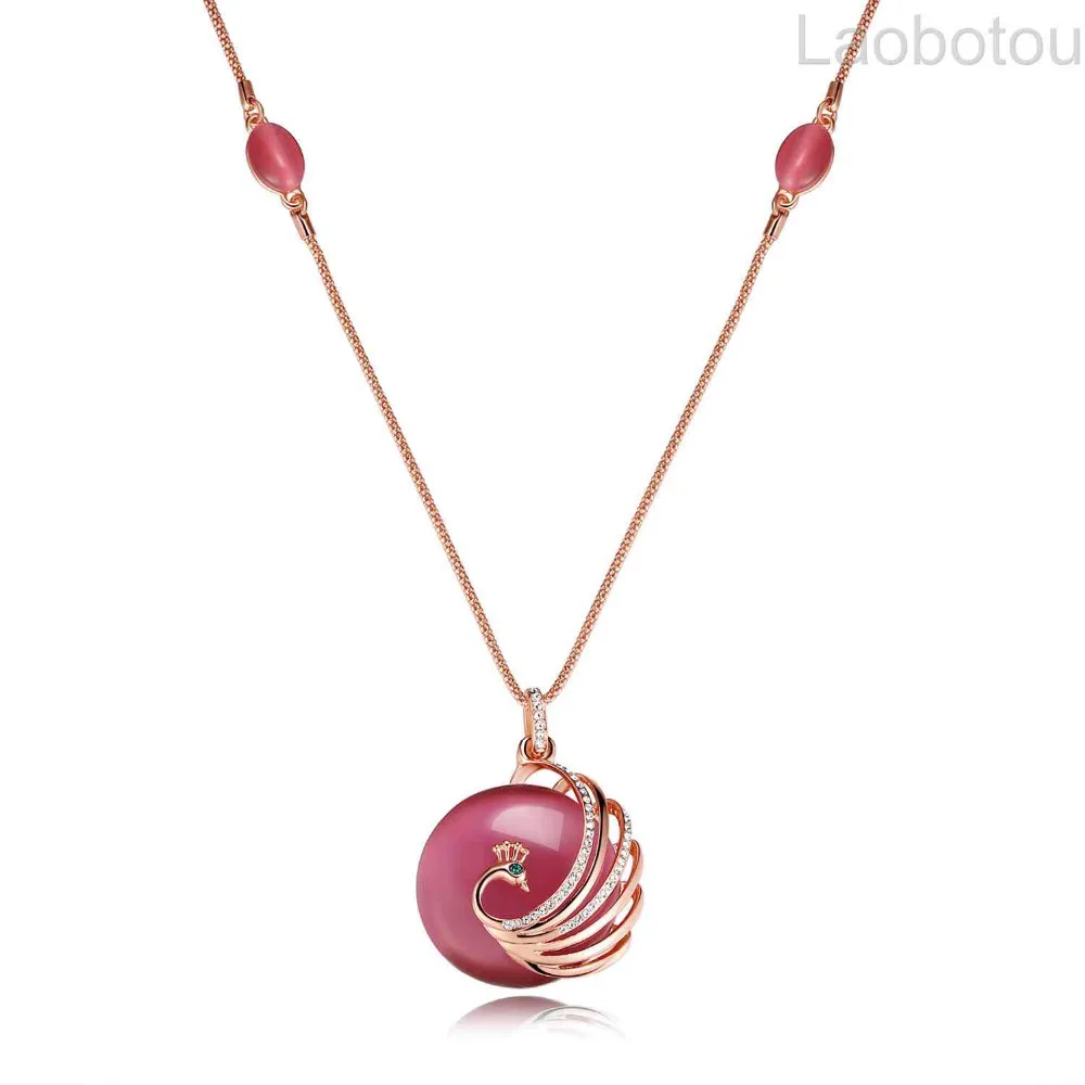 

Crystal Peacock Long Pendant Necklace with Pink Opal Gold-color Accessories Woman Jewelry 29.5