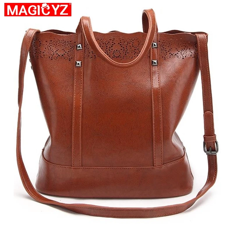 

MAGICYZ Hollow out Women bag luxury leather women handbag bolsos mujer de marca famosa 2018 sac a main Shoulder Bag Brown Black