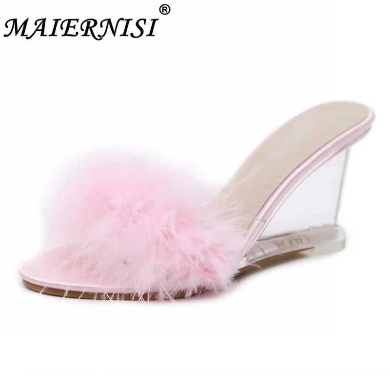 

Female Slipper 34-40 Women Shoes Slides Ultra-high-heeled 8.5cm Feather Wedges Crystal Transparent Wedding Shoes Beige pink