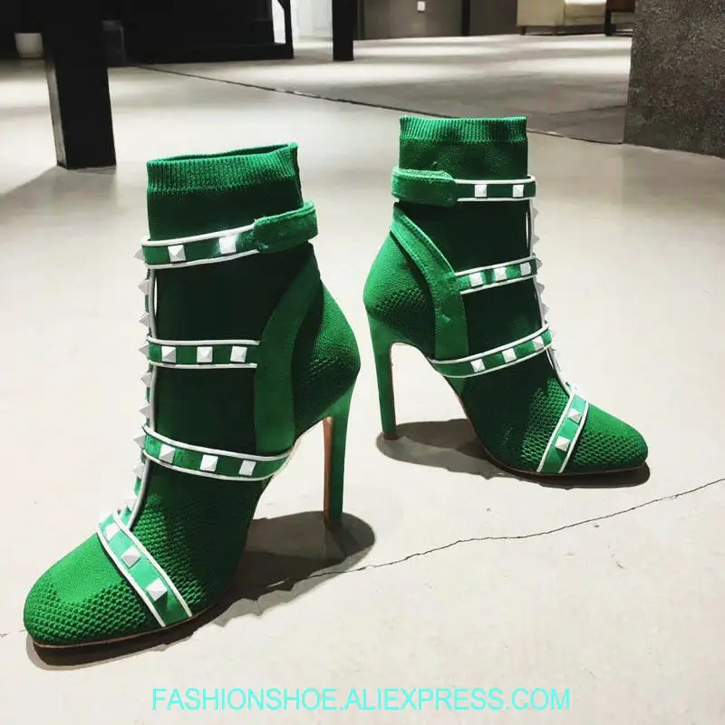 

2018 New Spring Summer Studded Sock Booties Women Boots Green Red Black Rivets Stretch Fabric Women Boots High Heels Shoes Woman
