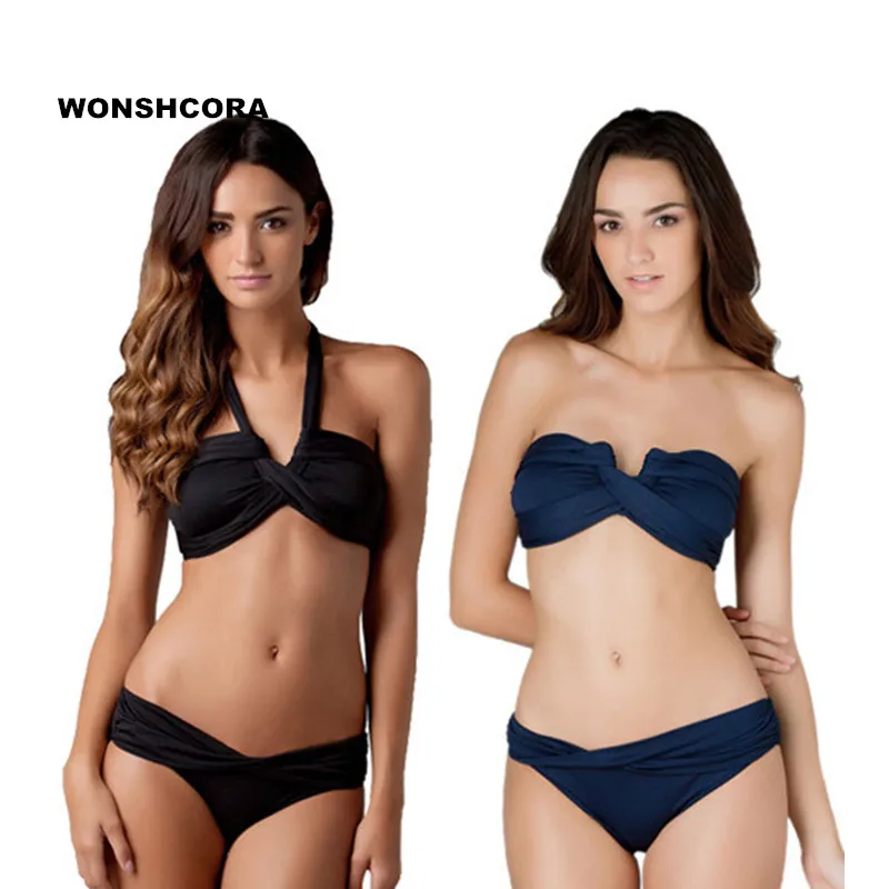 

WONSHCORA 2017 Brazilian Women's Bikini Set Tankini Low Waist Sexy Swimwear Swimsuit for Girls Cross Ropes Black Blue Swim Suit